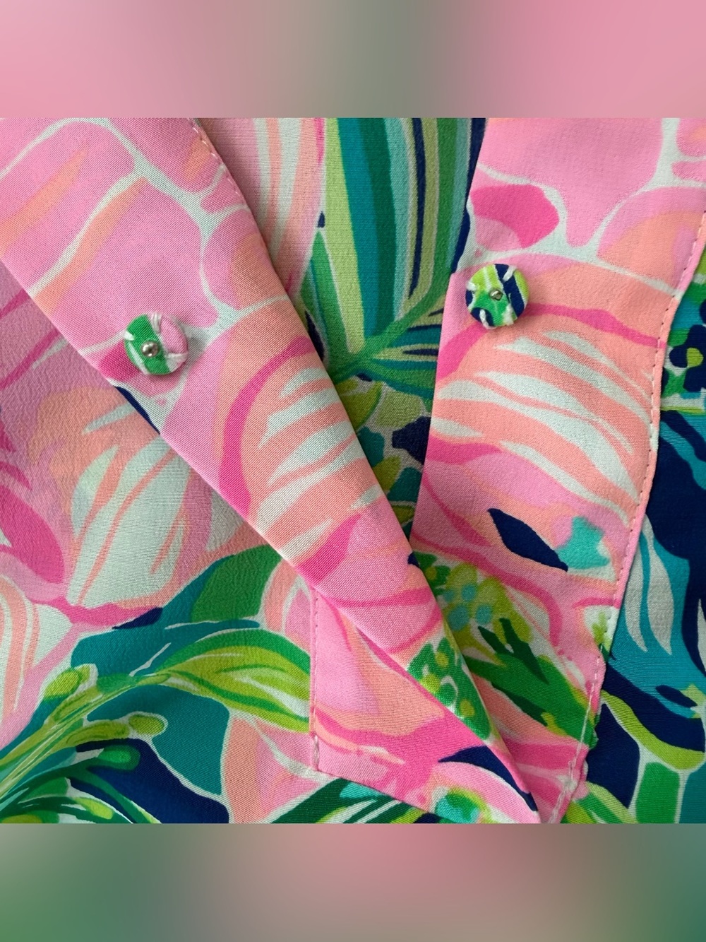 Lilly Pulitzer Shea Tunic Blouse Island Escape Tropical Pink Green Size XL EUC - Picture 7 of 16